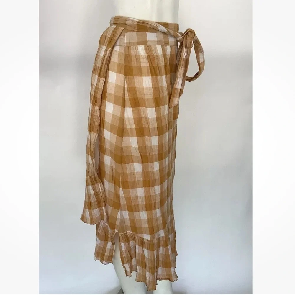 Anthropologie Sz S Orange Plaid Wrap Midi Skirt Ruffle Trim Casual Style